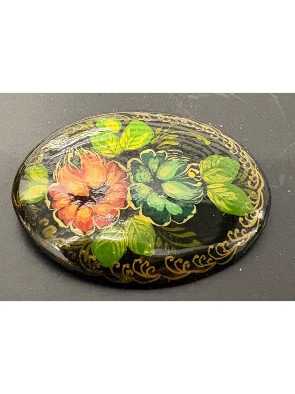 Hand-Painted Russian Lacquer Floral Brooch Pin Artist Signed 1992